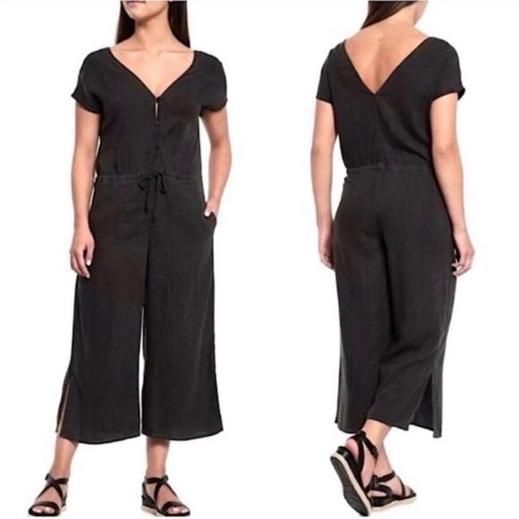 cloth & stone Pants - CLOTH & STONE Linen Wide Leg Cropped Jumpsuit Navy in Small